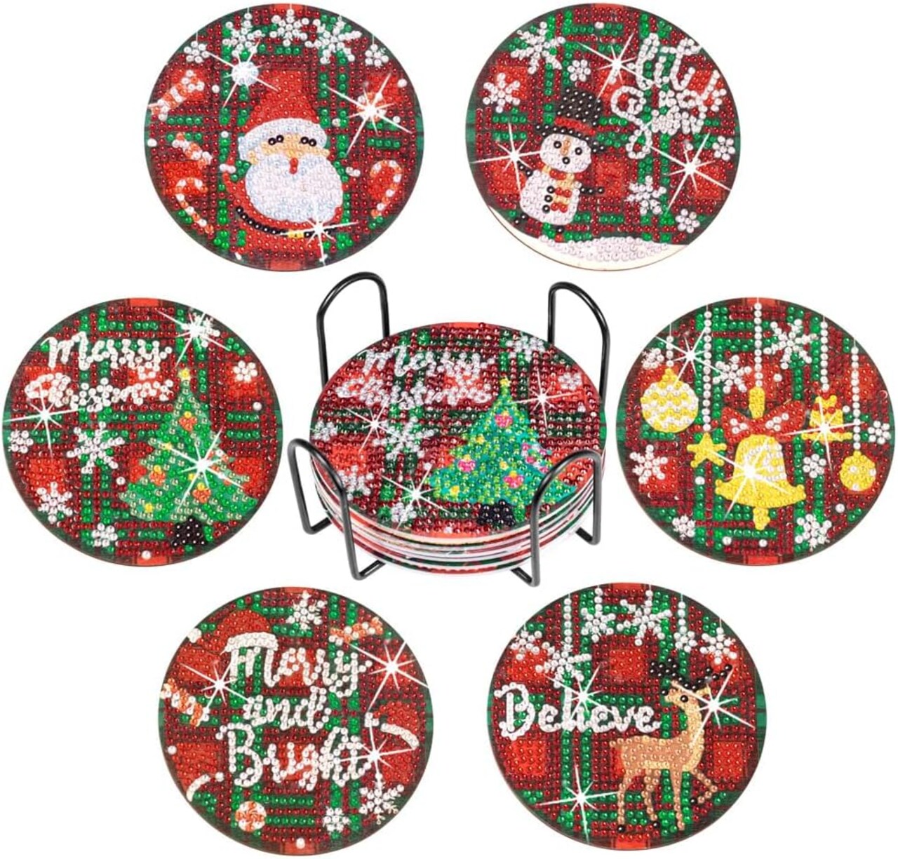 6Pcs Diamond Painting Coasters Kit with Holder Cork Base, DIY Christmas Coasters Diamond Painting Kit for Beginners, Adults DIY Diamond Art Craft for Housewarming Apartment Bar Décor